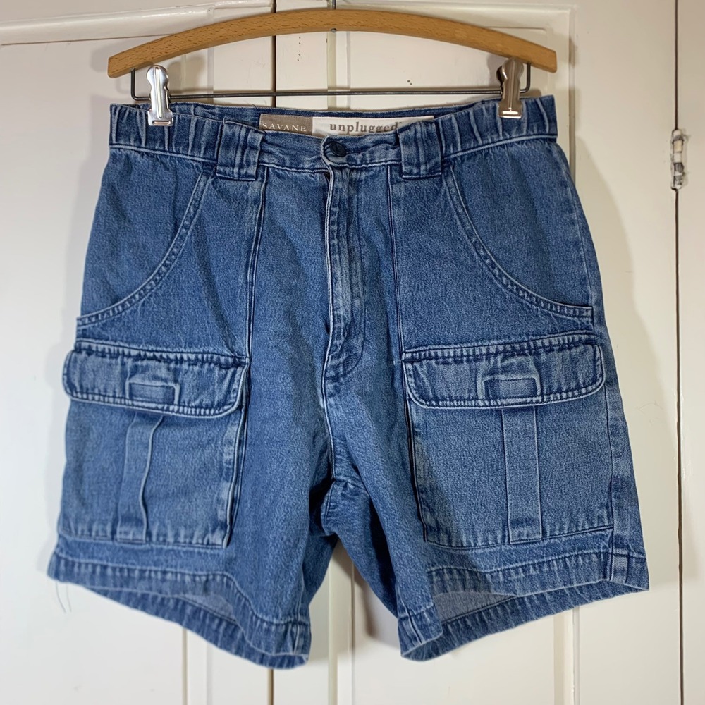 Savane Unplugged Mens Blue Denim Cargo Shorts Size 32W Elastic Waist Utility